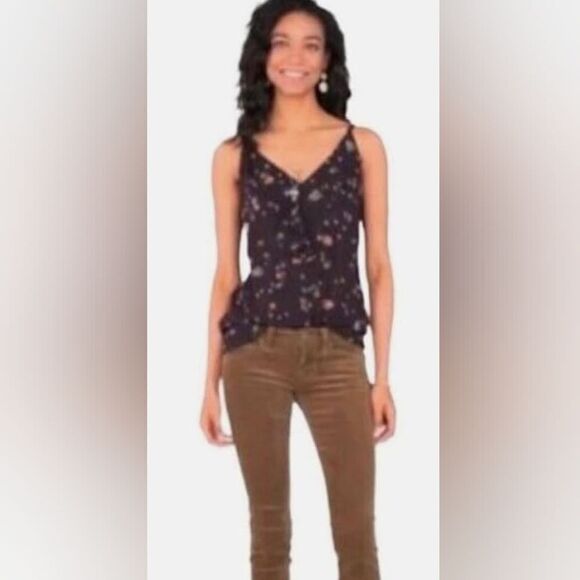 CAbi navy blue floral pinstripe ruffle blouse tank size medium - Picture 2 of 6